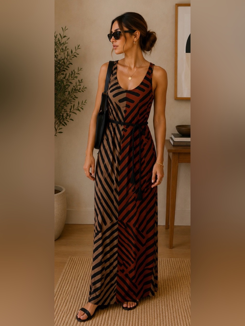 LOFT Sleeveless Zebra-Print Maxi Dress in Tan and Rust